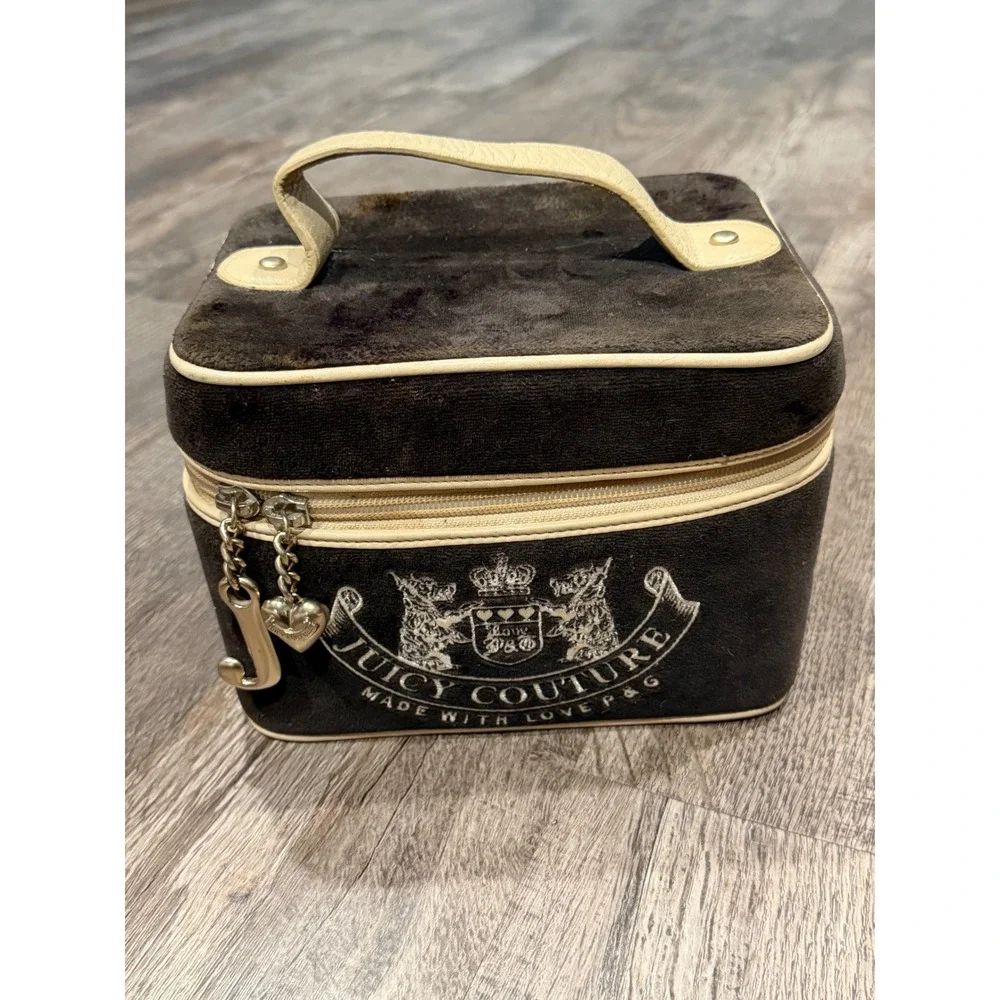Juicy Couture Vintage Velour Vanity Case Brown Cream Y2K Makeup Bag Mirror